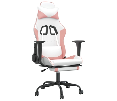 Silla gaming masaje y reposapiés cuero sintético blanco y rosa