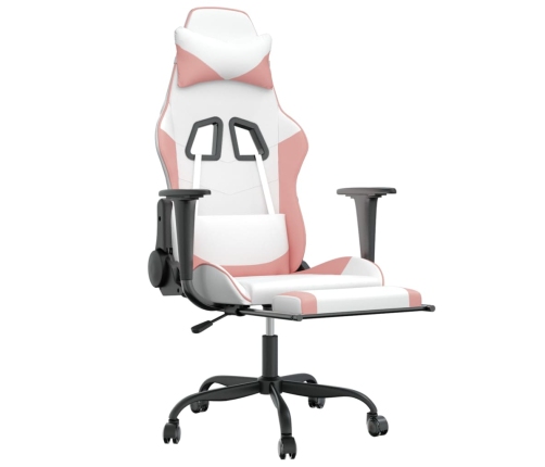 Silla gaming masaje y reposapiés cuero sintético blanco y rosa