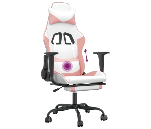 Silla gaming masaje y reposapiés cuero sintético blanco y rosa