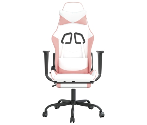 Silla gaming masaje y reposapiés cuero sintético blanco y rosa