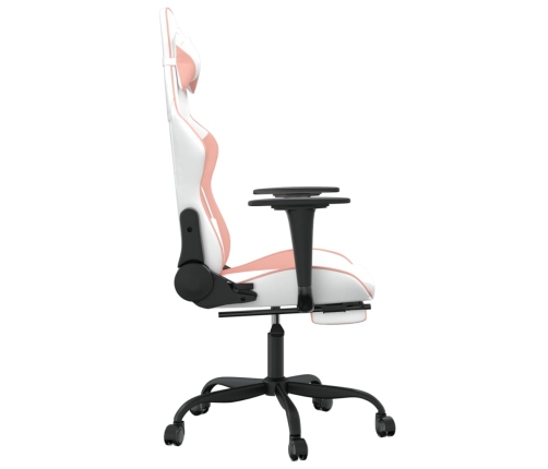 Silla gaming masaje y reposapiés cuero sintético blanco y rosa