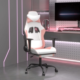 Silla gaming masaje y reposapiés cuero sintético blanco y rosa