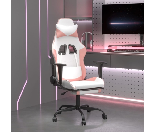 Silla gaming masaje y reposapiés cuero sintético blanco y rosa