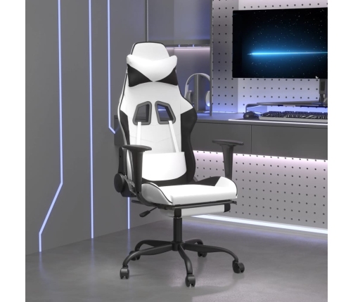 Silla gaming masaje y reposapiés cuero sintético negro blanco