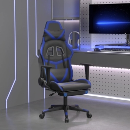 Silla gaming de masaje y reposapiés cuero sintético negro azul