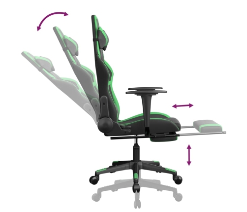 Silla gaming de masaje y reposapiés cuero sintético negro verde