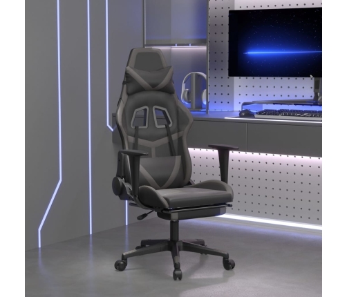 Silla gaming de masaje y reposapiés cuero sintético negro gris