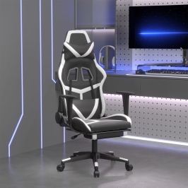 Silla gaming masaje y reposapiés cuero sintético negro blanco