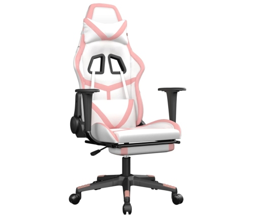 Silla gaming masaje y reposapiés cuero sintético blanco y rosa