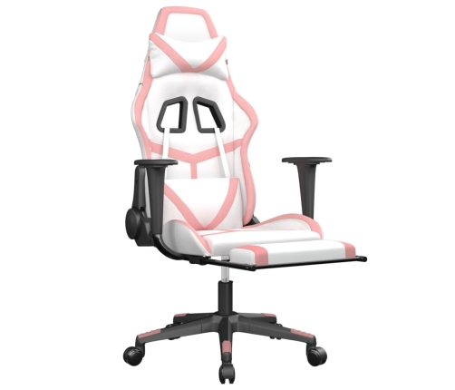 Silla gaming masaje y reposapiés cuero sintético blanco y rosa