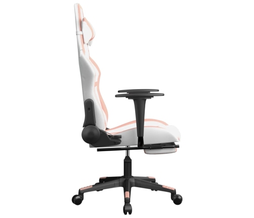 Silla gaming masaje y reposapiés cuero sintético blanco y rosa