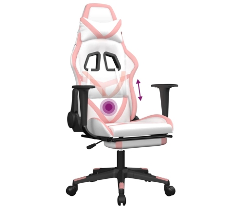 Silla gaming masaje y reposapiés cuero sintético blanco y rosa