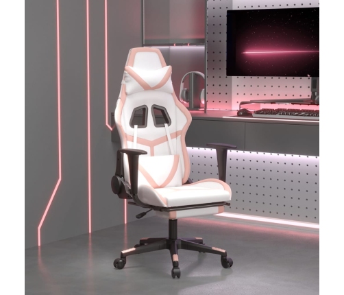 Silla gaming masaje y reposapiés cuero sintético blanco y rosa