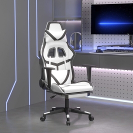 Silla gaming masaje y reposapiés cuero sintético negro blanco