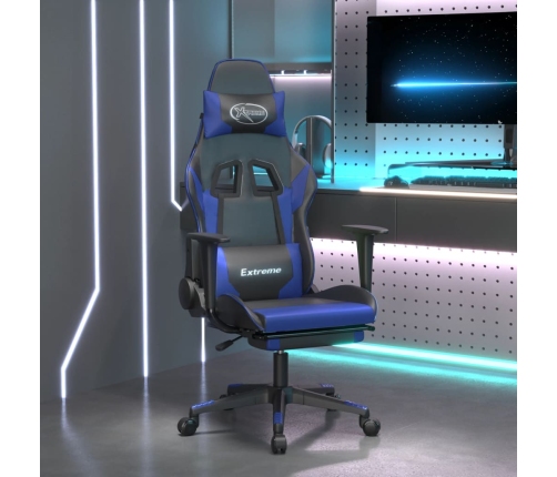 Silla gaming de masaje y reposapiés cuero sintético negro azul