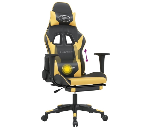 Silla gaming masaje y reposapiés cuero sintético negro dorado