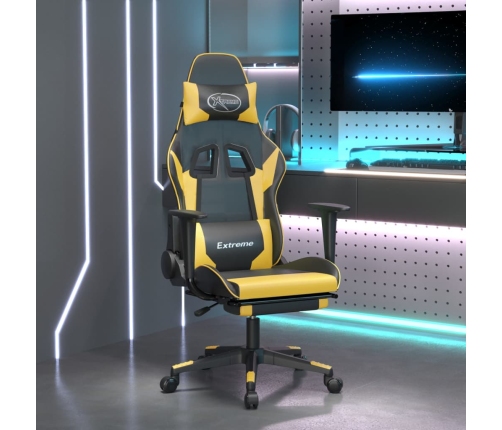 Silla gaming masaje y reposapiés cuero sintético negro dorado