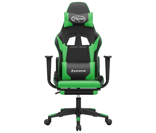 Silla gaming de masaje y reposapiés cuero sintético negro verde