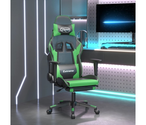 Silla gaming de masaje y reposapiés cuero sintético negro verde