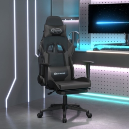 Silla gaming de masaje y reposapiés cuero sintético negro gris