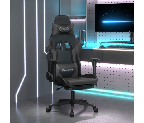 Silla gaming de masaje y reposapiés cuero sintético negro gris