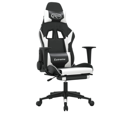 Silla gaming masaje y reposapiés cuero sintético negro blanco