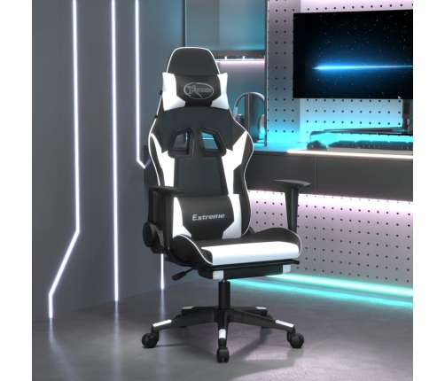 Silla gaming masaje y reposapiés cuero sintético negro blanco