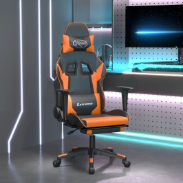 Silla gaming masaje y reposapiés cuero sintético negro naranja