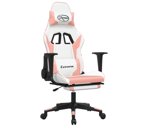 Silla gaming masaje y reposapiés cuero sintético blanco y rosa