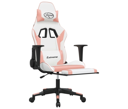 Silla gaming masaje y reposapiés cuero sintético blanco y rosa