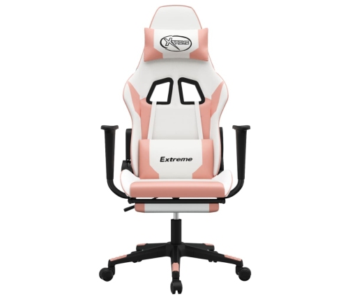 Silla gaming masaje y reposapiés cuero sintético blanco y rosa