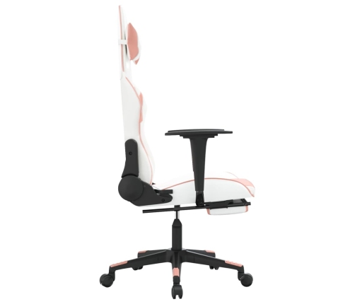 Silla gaming masaje y reposapiés cuero sintético blanco y rosa