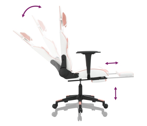 Silla gaming masaje y reposapiés cuero sintético blanco y rosa