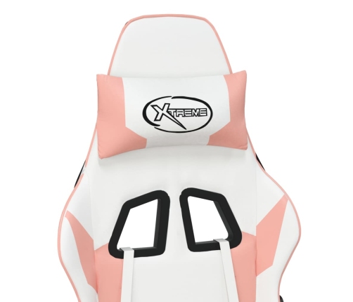 Silla gaming masaje y reposapiés cuero sintético blanco y rosa