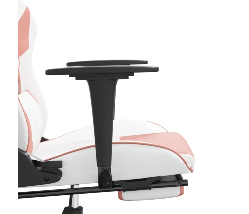 Silla gaming masaje y reposapiés cuero sintético blanco y rosa