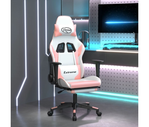 Silla gaming masaje y reposapiés cuero sintético blanco y rosa