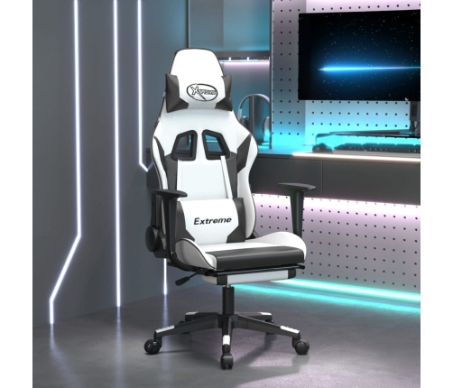 Silla gaming masaje y reposapiés cuero sintético negro blanco