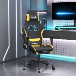 Silla gaming de masaje con reposapiés tela negro y amarillo