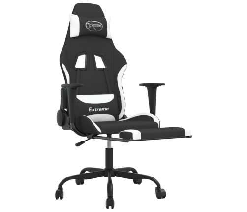 Silla gaming de masaje con reposapiés tela negro y blanco