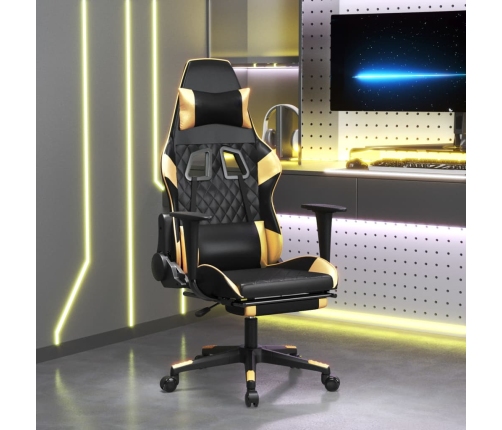 Silla gaming masaje y reposapiés cuero sintético negro dorado