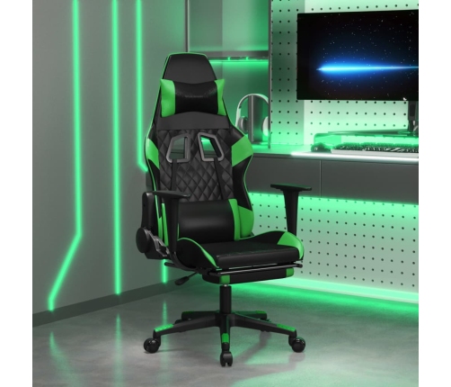 Silla gaming de masaje y reposapiés cuero sintético negro verde