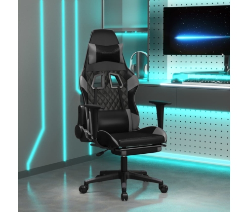 Silla gaming de masaje y reposapiés cuero sintético negro gris