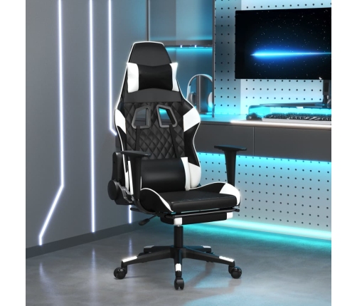 Silla gaming masaje y reposapiés cuero sintético negro blanco