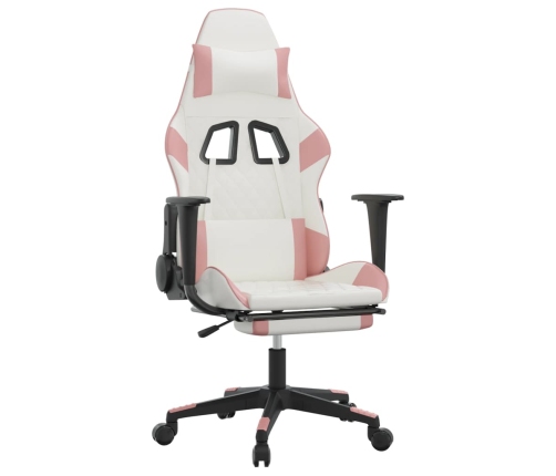 Silla gaming masaje y reposapiés cuero sintético blanco y rosa