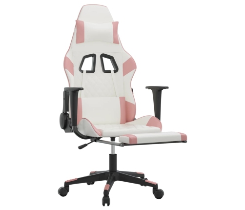 Silla gaming masaje y reposapiés cuero sintético blanco y rosa