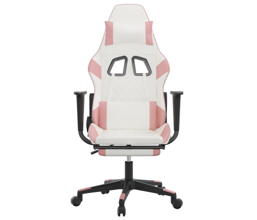 Silla gaming masaje y reposapiés cuero sintético blanco y rosa