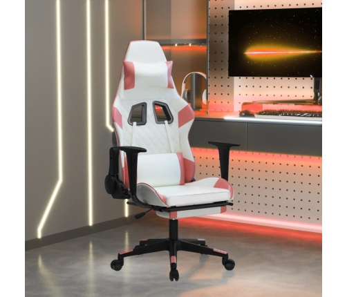 Silla gaming masaje y reposapiés cuero sintético blanco y rosa