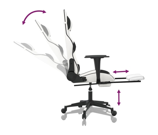 Silla gaming masaje y reposapiés cuero sintético negro blanco