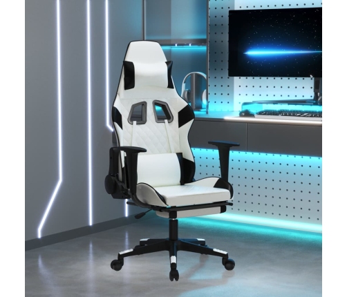 Silla gaming masaje y reposapiés cuero sintético negro blanco