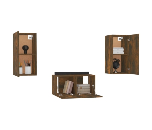 Set de muebles de TV 3 pzas madera contrachapada roble ahumado